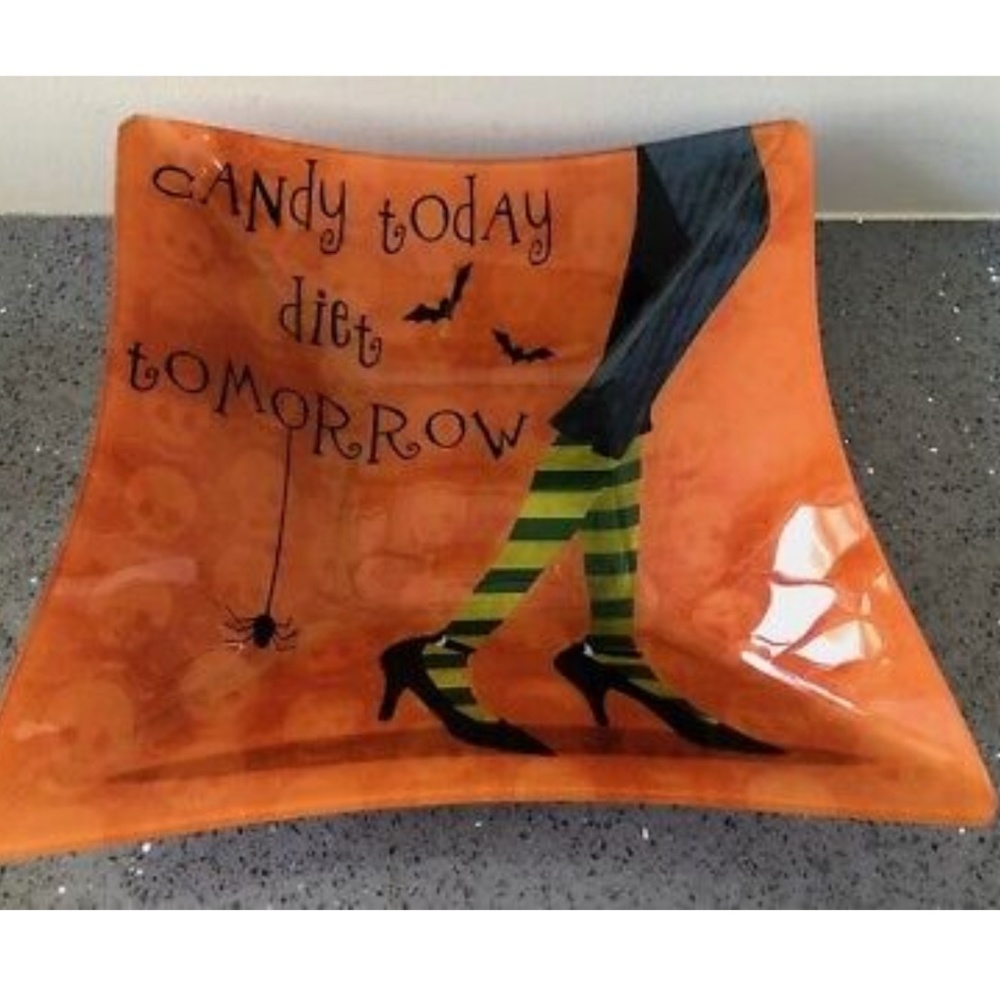 Glass Happy Halloween "Candy Today Diet Tomorrow" Serving Dish (NEW)